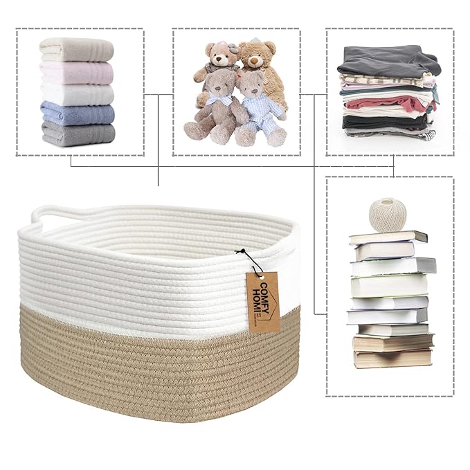 COMFY-HOMI Cotton Rope Woven Basket with Handles for Shelves,Toys,Book, Cloth Storage Baskets Bin for Organizing-13.5"x11"x9.5" Toy Decorative Organizer for Living Room, Bathroom-Light Brown-Ruum Studio Home