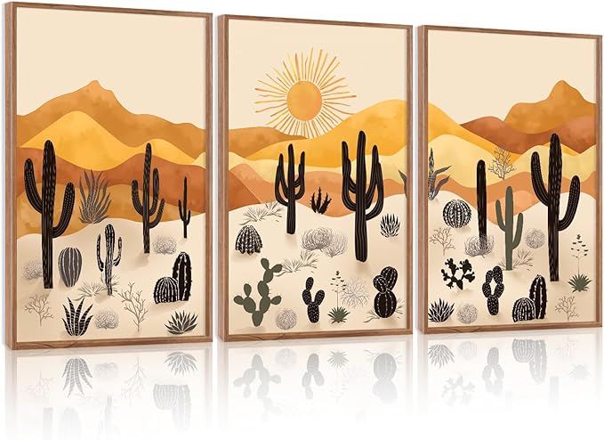 KAIRNE Cactus Canvas Wall Art,Desert Landscape Paintings,Aesthetic Abstract Prints Set of 3(16”X24”),Minimalist Farmhouse Wall Decor,Abstract Boho Artwork for Living Room Bedroom Office Decoration-Ruum Studio Home