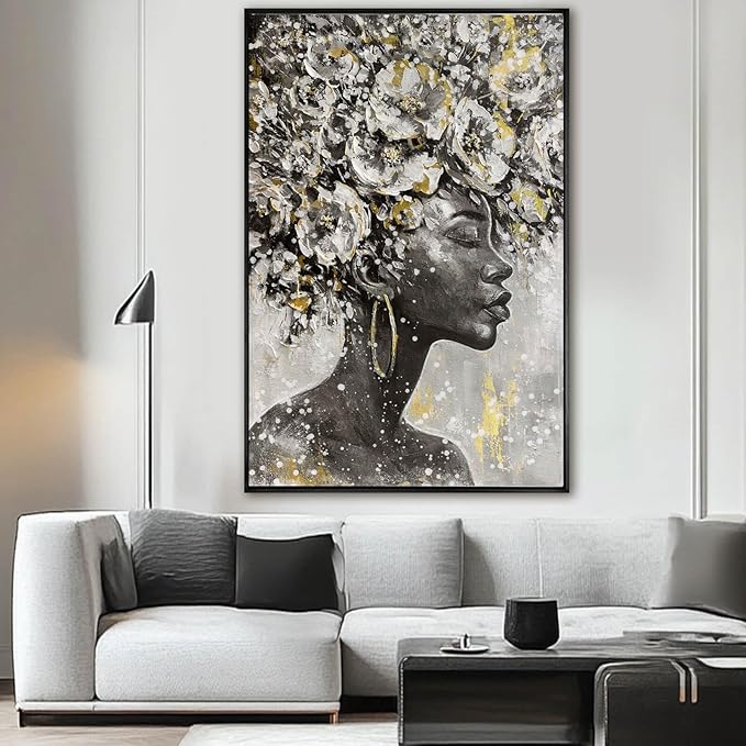Large Black and Gold African American Wall Art with Framed Black Woman Office Bedroom Living Room Poster Home Hanging Decor 32x48 Inch-Ruum Studio Home