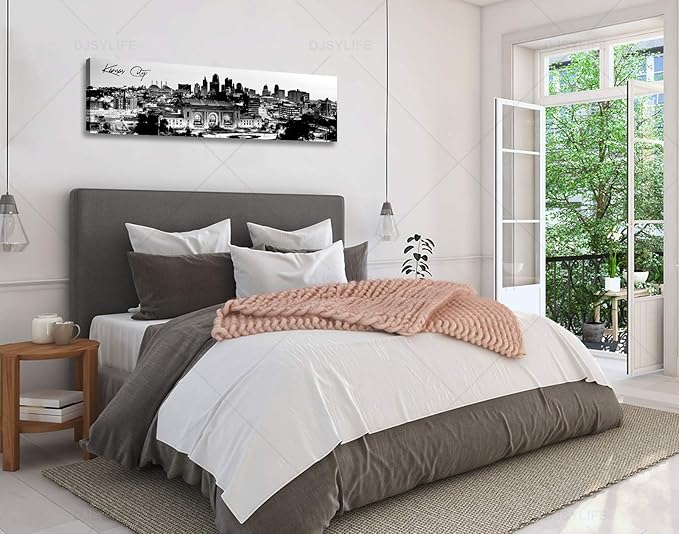Pictures for Bedroom Black and White Wall Art Kansas City Panoramic Cityscape Skyline Canvas Art Prints for Living Room Office Home Decor Framed and Ready to Hang 13.8"x47.3"-Ruum Studio Home