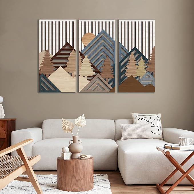 IARTTOP Abstract Mountain Wood Wall Art Large geometric Forest Pine Trees Wooden Wall Decor Boho Sun Nature Landscape Wall Decor for Bedroom Living Room Office-16 x32 Inch Set of 3-Ruum Studio Home