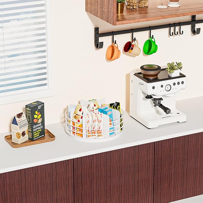 Snack Organizer - Versatile Snack Storage, Lazy Susan with Convenient Grab-and-Go Design, Metal Snack Holder for Home, Office, Breakroom, 10.85" L x 10.85" W x 5" H (White)-Ruum Studio Home