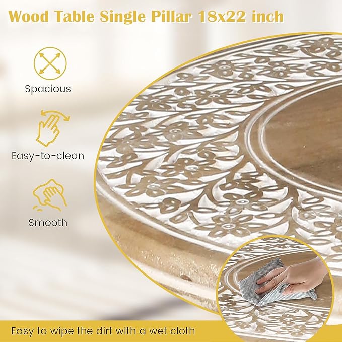 Lightnpro Carved Round End Table with Single Pillar - Handcrafted Accent Bedside Nightstand Side End Table for Living Room, Entryway, Vintage Desk for Books, Plants & Décor - 18x22 Inch - White Wash-Ruum Studio Home