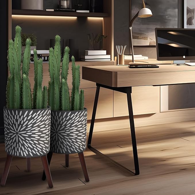 10 & 12 Inches Plant Pot with Stand Set of 2, Large Matte Gray Modern Planters for Indoor Outdoor Plants with Drainage Holes, Big Flower Pots with Wood Legs-Ruum Studio Home