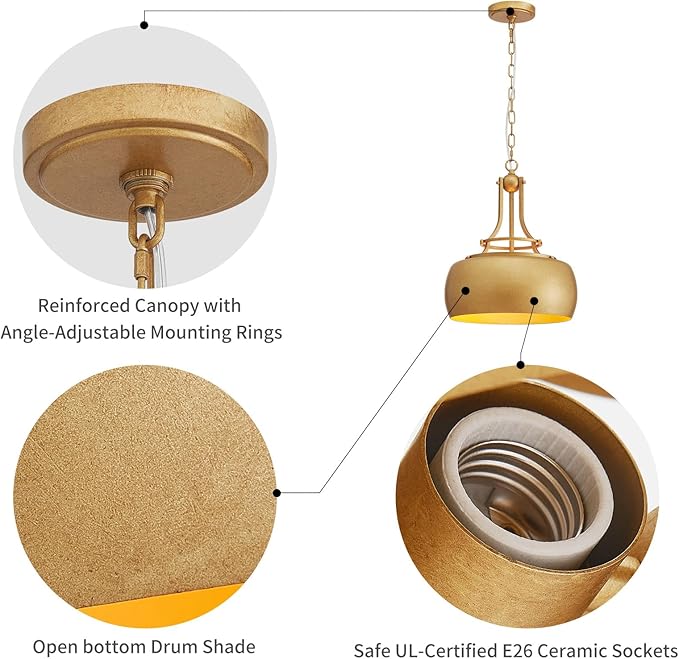 WUZUPS Chandelier Rustic Farmhouse Industrial Round Ceiling Pendant LED Light Fixture with Open Bottom Drum Shade, H 15.7" x W 13.4", Antique Gold-Ruum Studio Home
