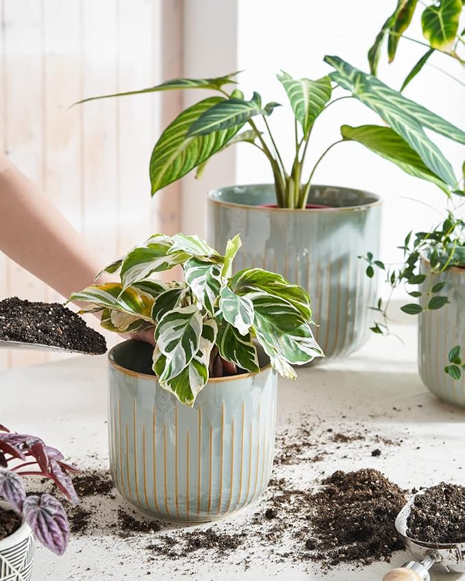 LE TAUCI Fluted Ceramic Planters Set of 3 – 8.3/7 / 5.7 in Blue Gray Reactive Cylinder Indoor Plant Pots with Drainage Plug & Mesh, Glossy Stoneware Flower Pots for Succulents Herbs-Ruum Studio Home