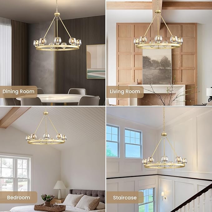 Gold Wagon Wheel Chandelier, 36 Inch Brass Chandeliers with Unique Glass Shade, 9-Light Crystal Farmhouse Wagon Wheel Chandeliers for Dining Room, Round Chandelier for Living Room, Foyer, Entryway-Ruum Studio Home