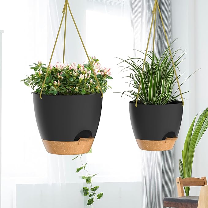 ZMTECH 10 Inch Hanging Planters for Indoor Outdoor Plants, 2 Pack Self Watering Hanging Plant Pots with Drainage Holes and Removable Saucer, Plastic Flower Hanging Pots with Watering Lip (Black)-Ruum Studio Home