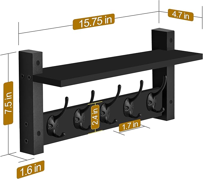 Sorbus Coat Hooks Wall Mount with Shelf – 16 Inch Coat Rack Wall Mount with 5 Heavy Duty Hooks – Floating Wall Shelf with Hooks for Entryway, Bathroom, Bedroom, Kitchen, or Mudroom (Black)-Ruum Studio Home