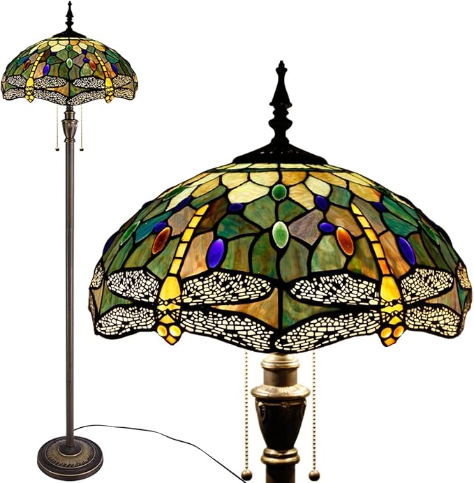 Tiffany Floor Lamp Stained Glass Lamp Standing Reading Light 16x16x70 Inch for Living Room (Amber Yellow Dragonfly)-Ruum Studio Home