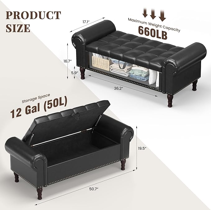 Storage Ottoman Bench for Bedroom, 51" Upholstered Bedroom Bench with Rolled Arms and Vintage Rivets, Large Storage Chest for Living Room, Bedroom, Entryway, Black-Ruum Studio Home