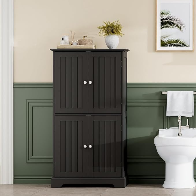 ChooChoo Bathroom Floor Cabinet, Modern Bathroom Storage Cabinet with 4 Doors and Adjustable Shelves, Freestanding Cupboard for Living Room, Black-Ruum Studio Home