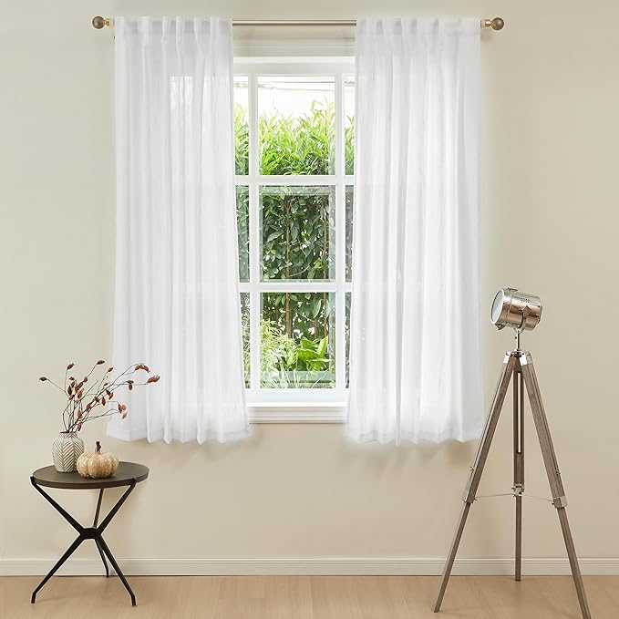 MYSKY HOME White Sheer Curtains 63 inch length Light Filtering Semi Sheer Curtains for Bedroom Short Window Treatment Privacy Protect Drapes Set, Back Tab Boho Farmhouse Linen Soft, 50" Wide, 2 Panels-Ruum Studio Home