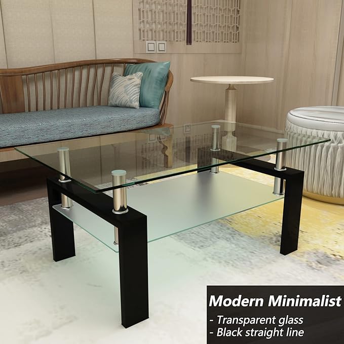 Glass Coffee Table for Living Room, 2 Layer Center Table with Clear Rectangle Tempered Glass Top Black Metal Leg, Mordern Home Office Furniture-Ruum Studio Home