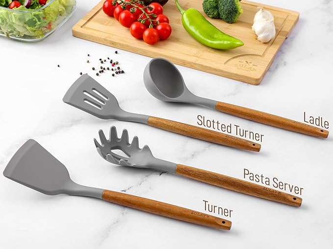 Zulay Kitchen Utensils Set Non-Stick Silicone Cooking Utensils Set with Authentic Acacia Wood Handles - 8 Piece Set - Silicone Kitchen Utensils Set with 464°F Heat Resistance - Gray-Ruum Studio Home