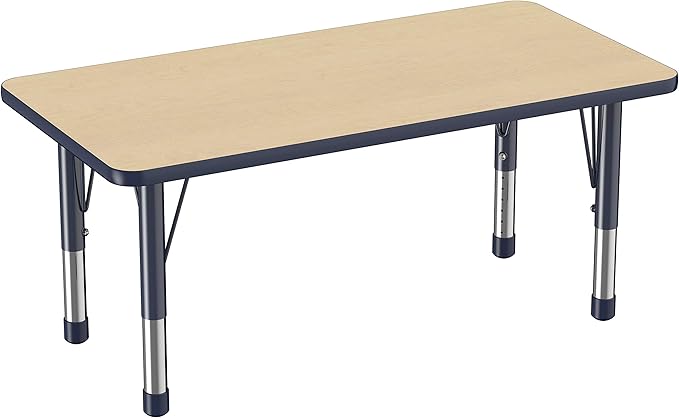 FDP Rectangle Activity School and Kids Classroom Table (24 x 48 inch), Toddler Legs, Adjustable Height 15-24 inches - Maple Top and Navy Edge-Ruum Studio Home