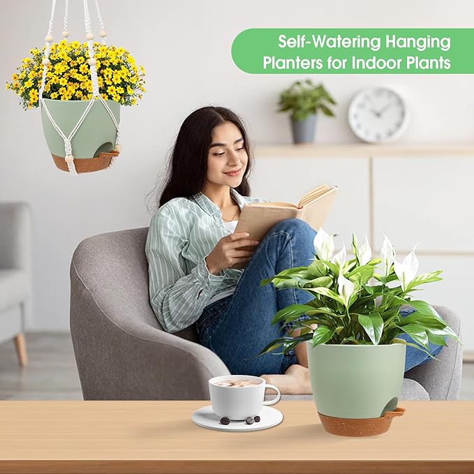 Hanging Planters for Indoor Outdoor Plants, 2 Pack Self Watering Hanging Pot with Drainage Holes, Removable Tray & 2 Kinds of Plant Hangers, 8'' Hanging Flower Pots for Home Garden Decor, Green-Ruum Studio Home