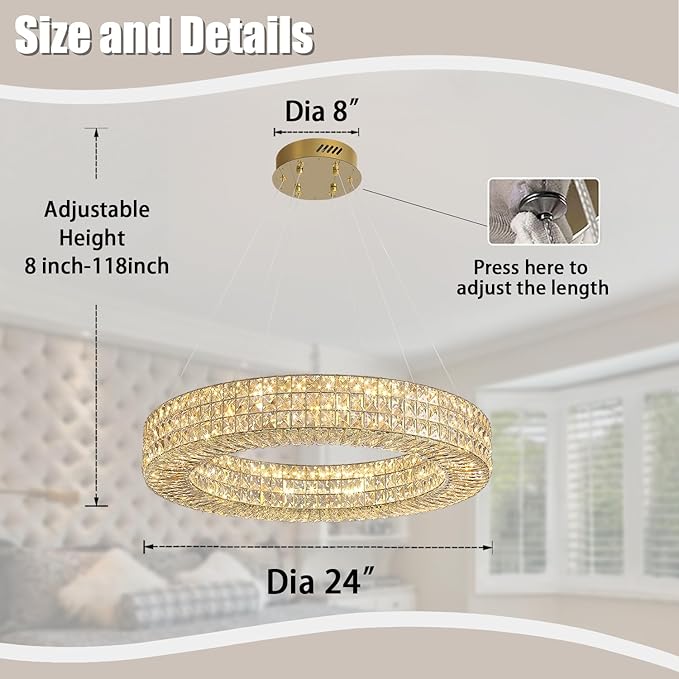 Dia 24" Modern Crystal Chandelier Gold Ring Chandelier Adjustable Height Luxury Crystal Pendant Ceiling Light Fixture for Dining Living Room Bedroom-Ruum Studio Home