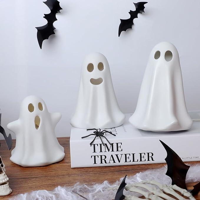 [Timer] Light Up Ghost Halloween Decor, 3 Pcs Ceramic Halloween Ghost Decorations Indoor, Cute White Ghost Figurines Statue for Indoor Decor Home Table (A)-Ruum Studio Home