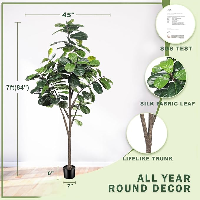 Faux Fiddle Leaf Fig Tree 7ft - Artificial Ficus Lyrata Plant in Pot - Fake Fig Tree for Indoor Modern Home House Office-Ruum Studio Home