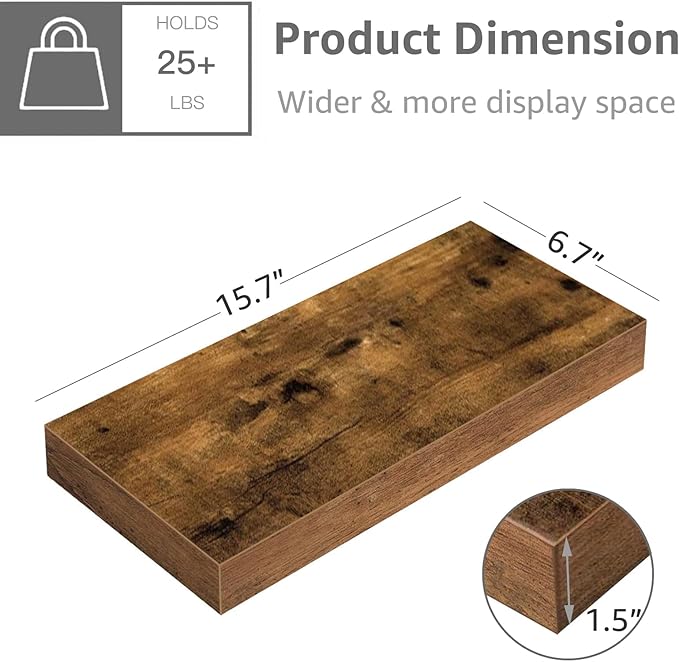 QEEIG Floating Shelf for Wall Bathroom Shelves Bedroom Kitchen Living Room Farmhouse Small Book Shelf 16 inch Set of 1, Brown (015-BN1)-Ruum Studio Home