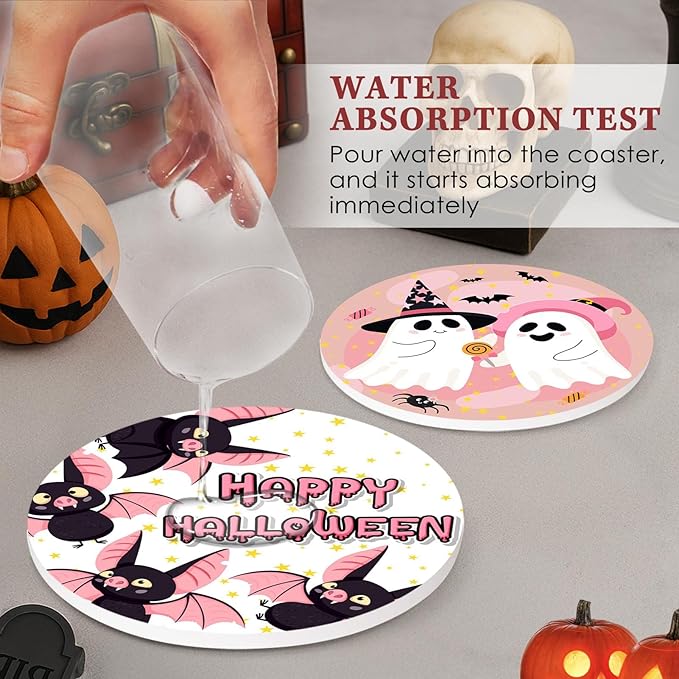 Coaster for Drinks Set of 6, Happy Halloween Cute Ghost Groovy Pink Absorbent Round Ceramic Stone Mat, with Cork Base and Metal Holder, Gift for Housewarming Room Bar Decor-Ruum Studio Home
