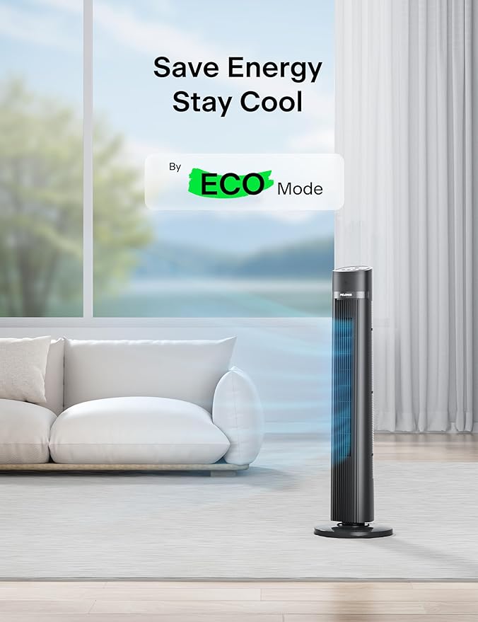 PELONIS 40 inch Bladeless Tower Fan for Bedroom, Standing Fan with Remote Control, 26ft/s, 90° Oscillation, 3 Speed Settings, 27 Db, 3 Modes, 15-Hour Timer, LED Display, Fan that Blows Cold Air, Grey-Ruum Studio Home