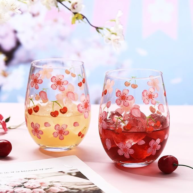 Sliner 2 Pack 17oz Cherry and Flower Stemless Wine Glasses Cherry Blossom Drinking Glasses Floral Tumbler Cups for Women Birthday Anniversary Gift Parties Supplies-Ruum Studio Home