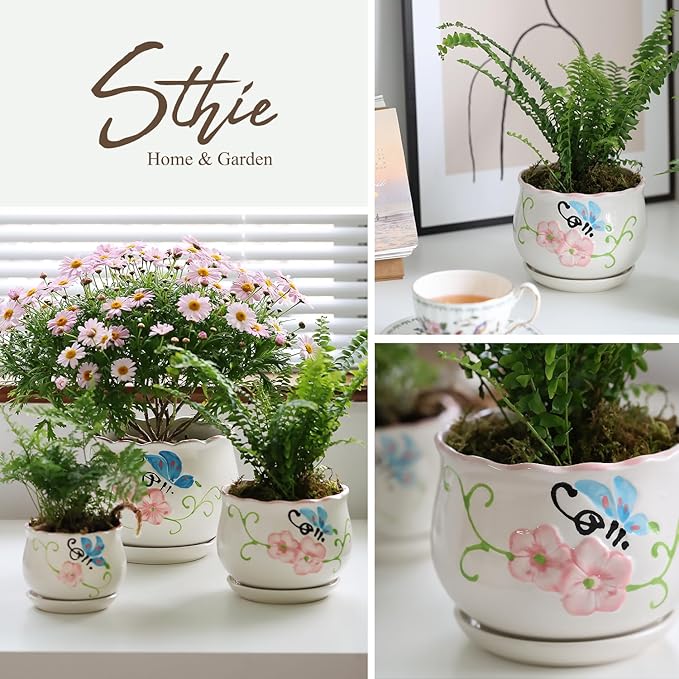 Ceramic Plant Pots with Drainage Holes and Saucers, Round Flower Pots for Indoor Plant, 3.9/5.2/6.7 Inches Flower Large Planters Set of 3-Ruum Studio Home
