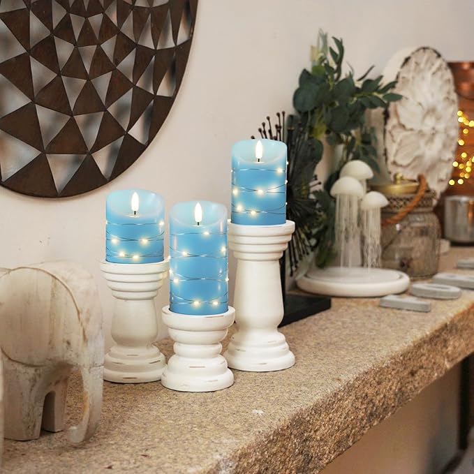 Homemory Flameless Candles with String Lights, 3 Pack Embedded Fairy String Lights LED Candles, Electric Flickering Candles with Remote Control and Timer, Real Wax, Blue-Ruum Studio Home