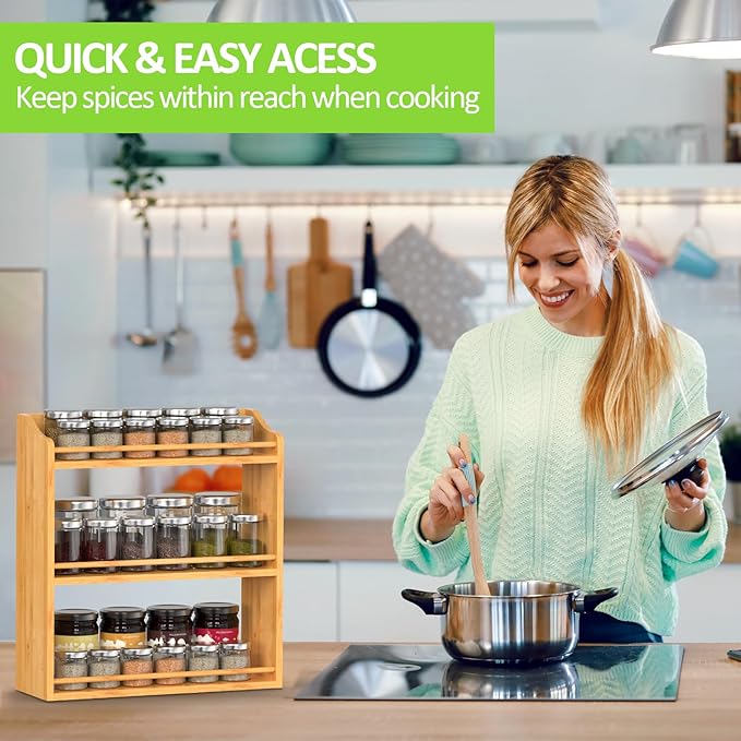 Bamboo Spice Rack Organizer, 3 Tier Spice Jars Shelf for Kitchen Countertop or Wall Mounting-Ruum Studio Home