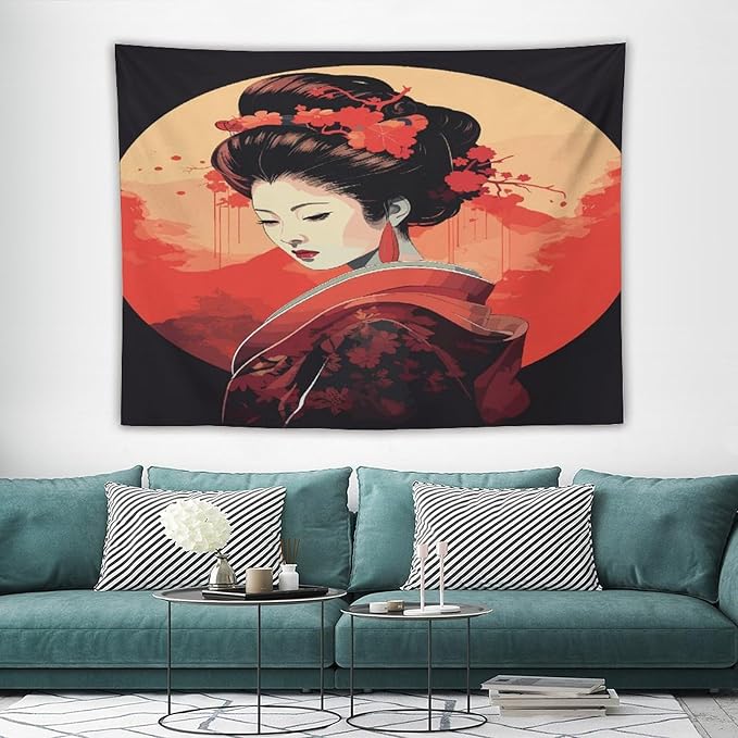 Japanese Woman Geisha Tapestry Asian Cherry Blossom Red Sun Traditional Kimono Folk Tapestries Home Decor for Living Room Bedroom Apartment Farmhouse Dorm 80"x60"-Ruum Studio Home