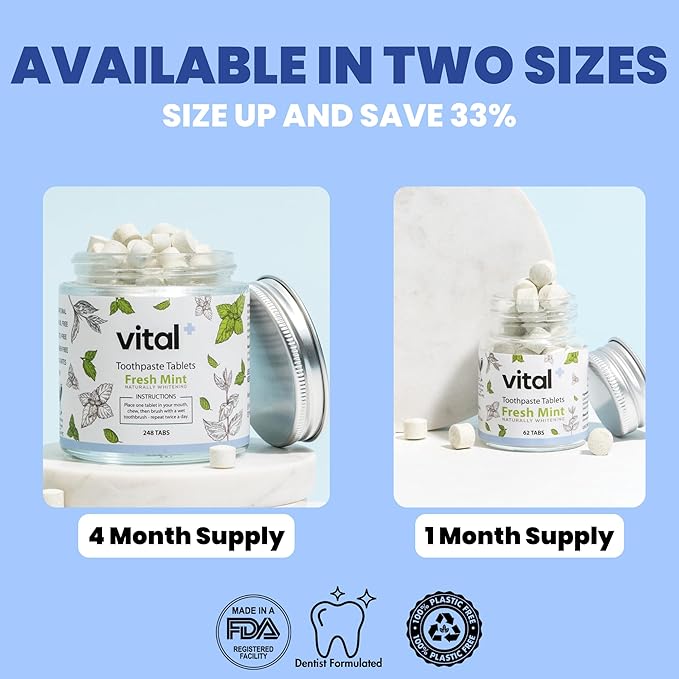 Vital Toothpaste Tabs with 7% Nano-Hydroxyapatite | Naturally Whitens + Remineralizes Teeth | Fluoride & Plastic Free | Combats Sensitivity | Travel & Eco Friendly | Fresh Mint | 248 Tablets (4 Month)-Ruum Studio Home