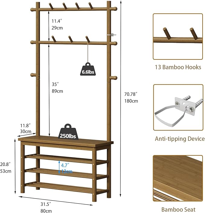Bamboo Hall Tree with 13 Hook, 6-in-1 Entryway Bench with Coat Rack Freestanding, Coat Rack with Shoe Storage Bench Organizer for Mudroom, Bedroom, All-in-One Shoe Rack,Walnut-Ruum Studio Home