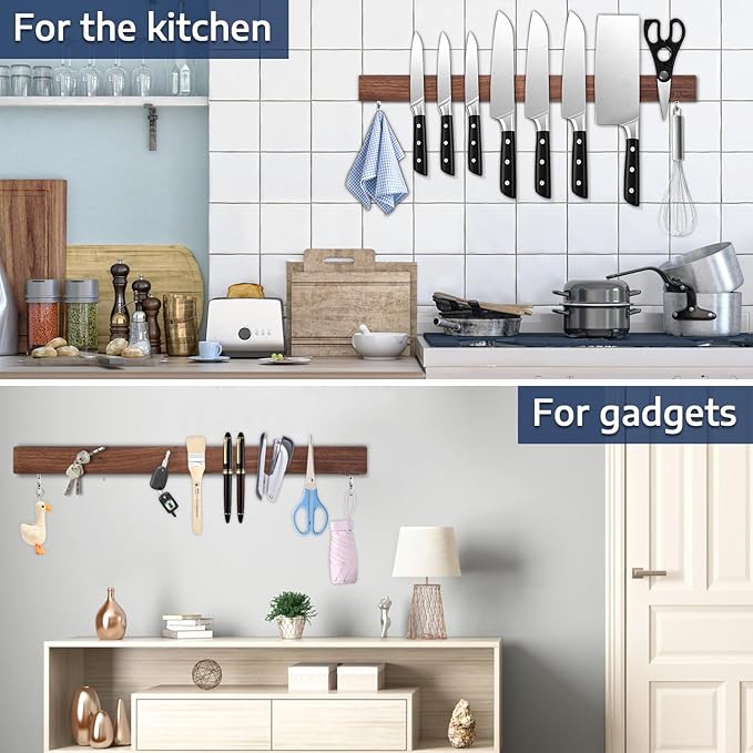 Dmore magnetic knife holder for wall—with 2 hooks, No Drilling 23 Inch walnut knife magnetic strip, Powerful knife magnet rack, include Adhesive Tape and screws for Knives, Utensils, and Tools-Ruum Studio Home