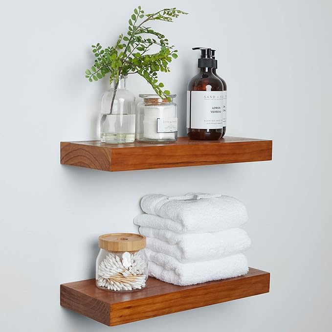 Homeforia 16 inch Oak Floating Shelf, High End Solid Real Wood 16inch Small Floating Shelves for Wall Mounted, Honey Oak Wooden 16in Floating Shelves, Heavy Duty Bracket, 16 X 6.5 X 1.75 in, Set of 3-Ruum Studio Home