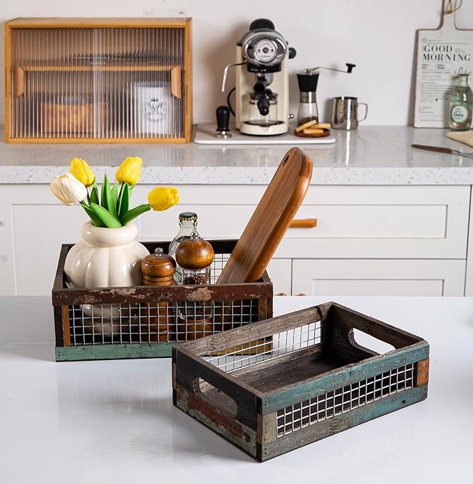 TIMRIS Set of 2 Rustic Wooden Countertop Baskets, Farmhouse Distressed Nesting Boxes, Small Decorative Wooden Storage Crates, Reclaimed Wood Organizer Baskets with Wire Mesh (Random)-Ruum Studio Home