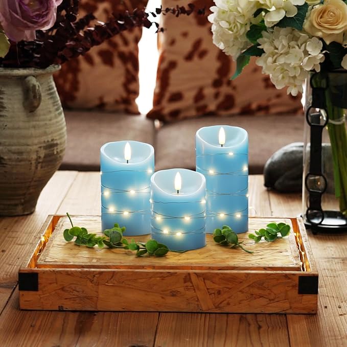 Homemory Flameless Candles with String Lights, 3 Pack Embedded Fairy String Lights LED Candles, Electric Flickering Candles with Remote Control and Timer, Real Wax, Blue-Ruum Studio Home