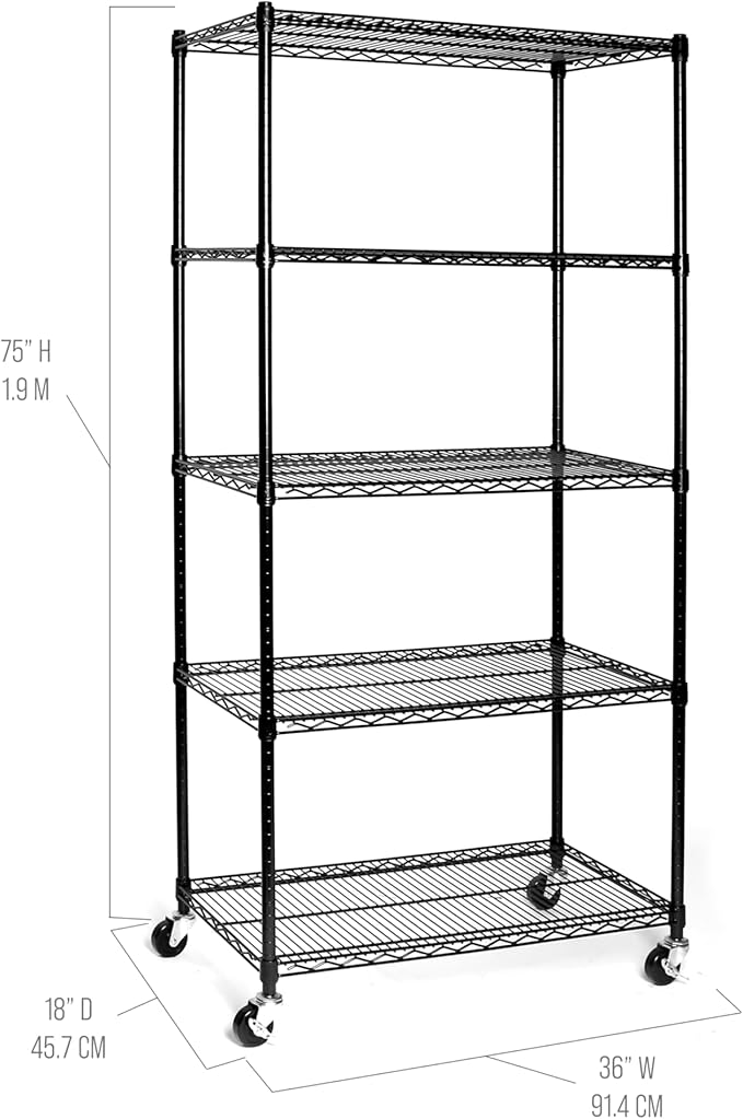 Seville Classics UltraDurable Heavy Duty NSF Solid Steel Wire Rack Storage Unit, Organizer for Garage, Warehouse, Office, Restaurant, Classroom, Kitchen, Black, 5-Tier Shelving, 36" W x 18" D-Ruum Studio Home