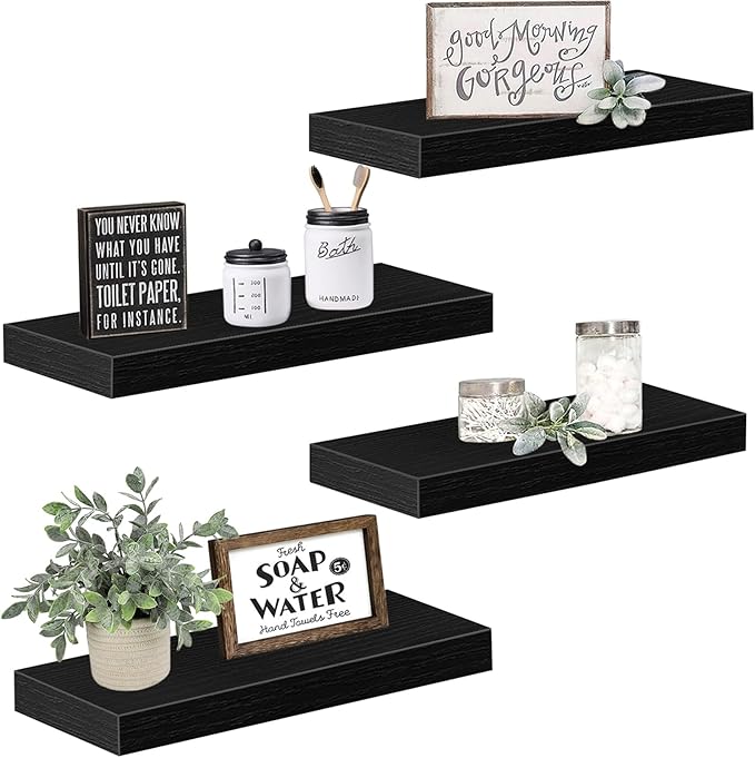 QEEIG Floating Shelves for Wall Bathroom Shelf Bedroom Kitchen Living Room Farmhouse Small Book Shelf 16 inch Set of 4, Black (015-B4)-Ruum Studio Home