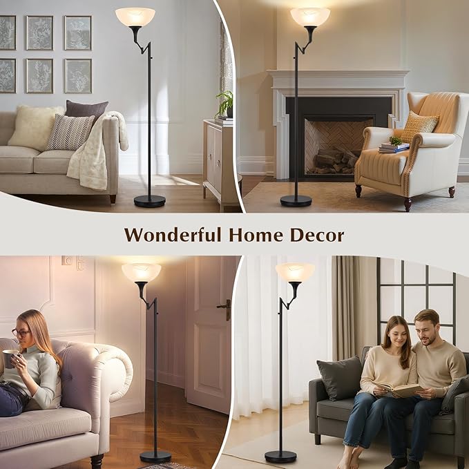 Floor Lamps for Living Room Black, 70" Tall Standing Lamp with Glass Shade, Torchiere Floor Lamp with 350°Adjustable Swing Arm Lamp, Pole lamp for Bedroom, Living Room, Office, Bulbs Included-Ruum Studio Home