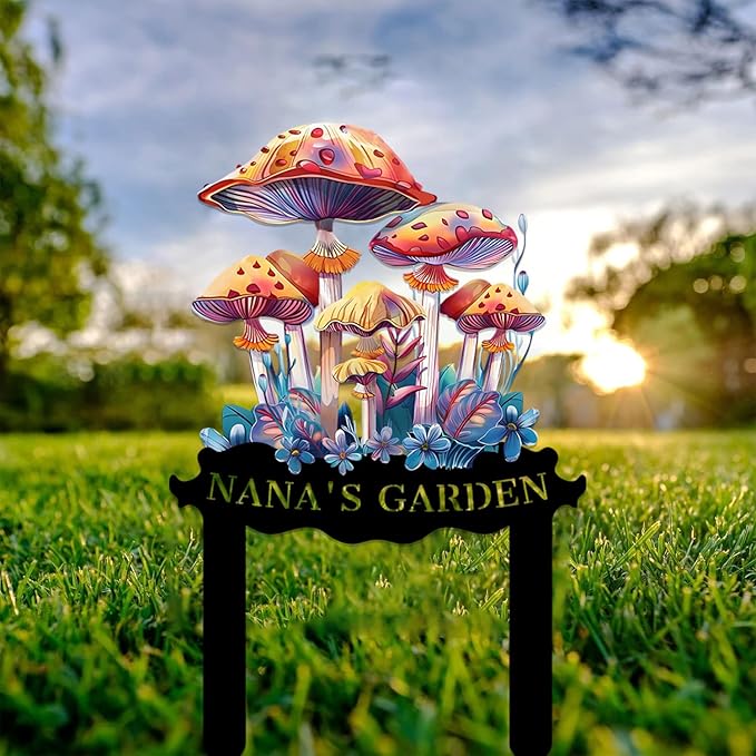 Personalized Mushroom Metal Sign with Stake,Custom Gardener Family Name Signs Outdoor Decor,Customized Flowers Gardening Birthday Gifts,Butterfly Plaque for Patio Lawn Porch Backyard Front Door Garage-Ruum Studio Home