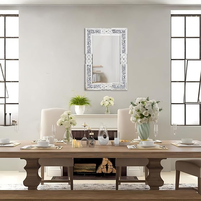 Crushed Diamond Decorative Wall Mirrors, 24x36 Inch Rectangle Living Room Mirrors for Wall Decor, Modern Glam Bathroom Dining Room Entryway Mirror Silver-Ruum Studio Home