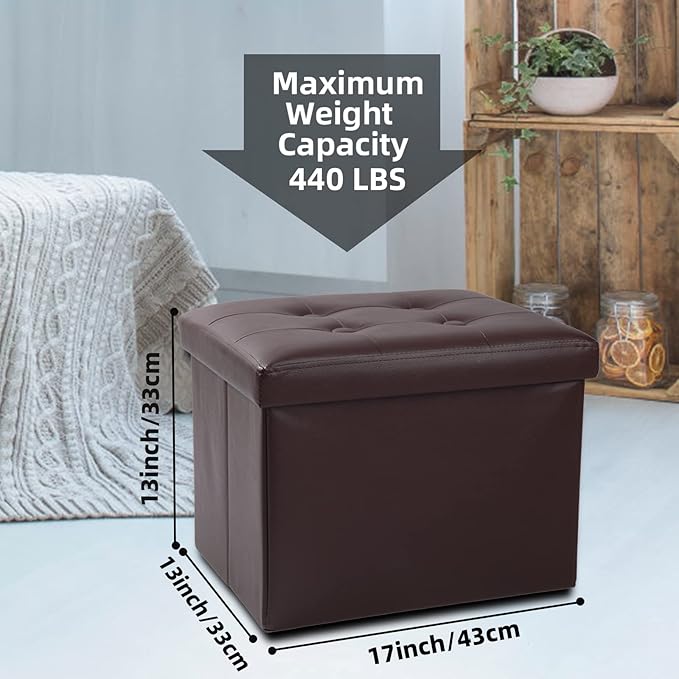 ALASDO Brown Leather Storage Ottoman Footrest Stool, 17x13x13inches, Modern Style-Ruum Studio Home