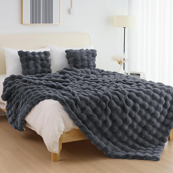 Cozy Faux Fur Throw Blanket for Bed-Warm Fuzzy Throw Blanket, Soft Plush Thick Bubble Blankets for Bedroom and Living Room, Furry Luxury Blanket, 90 x 108, Grey-Ruum Studio Home