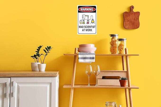 Vintage Tin Sign Retro Metal Funny Warning Mad Scientist At Work Signs for Home Decor Stylish Wall Art Plaques Gift for Bathroom Kitchen and Gothic Wall Decor in Every Room 12x8 in-Ruum Studio Home