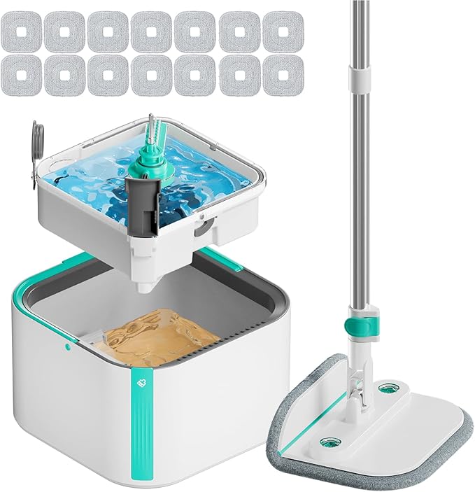 Upgraded Spin Mop and Bucket Self-Standing Mop Bucket Separate Dirty and Clean Water System Self Wringing 360° Rotating Clean Mop and Bucket Set with14Pads Mop-Blue-Ruum Studio Home