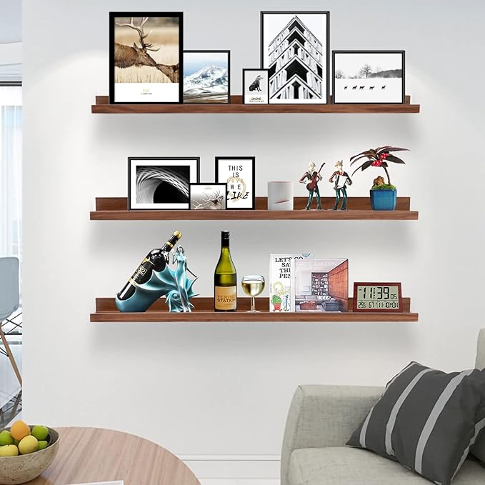 AZSKY 36 Inch Floating Book Shelves Rustic Wood Wall Picture Ledge Shelf for Storage Light Walnut Wall Mounted Picture Photo Display Shelf a Set of 3 Hanging Book Shelf-Ruum Studio Home