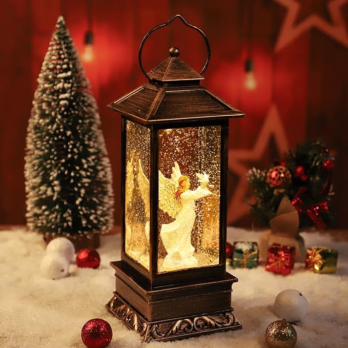 Christmas Decorations Snow Globe Lantern,Christmas Lantern with 8 Christmas Theme Music,Christmas Snow Globe Gifts Water Glittering Swirling Christmas Home Decoration（Dove Angel）-Ruum Studio Home