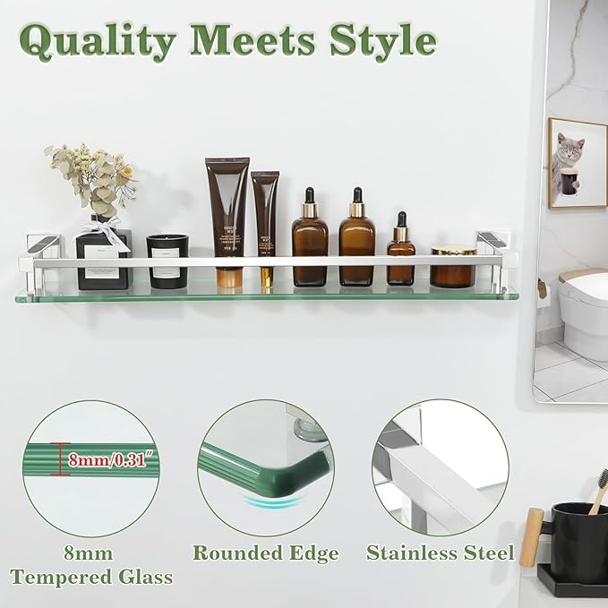 Alise Bathroom Shelf Wall Mounted, Polished Chrome Large Capacity Glass Shelf for Bathroom, 24 inch-Ruum Studio Home